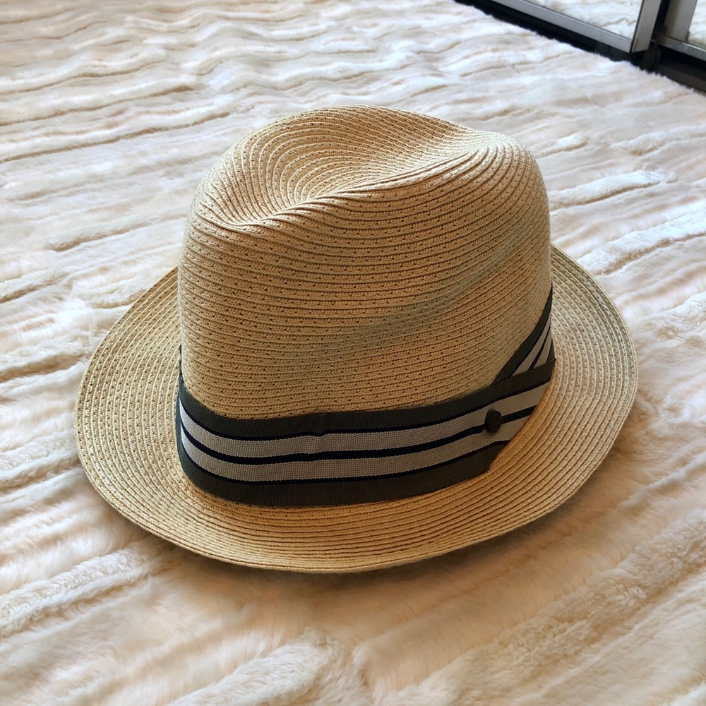 Unisex Straw Fedora Hait with Olive & Navy Band